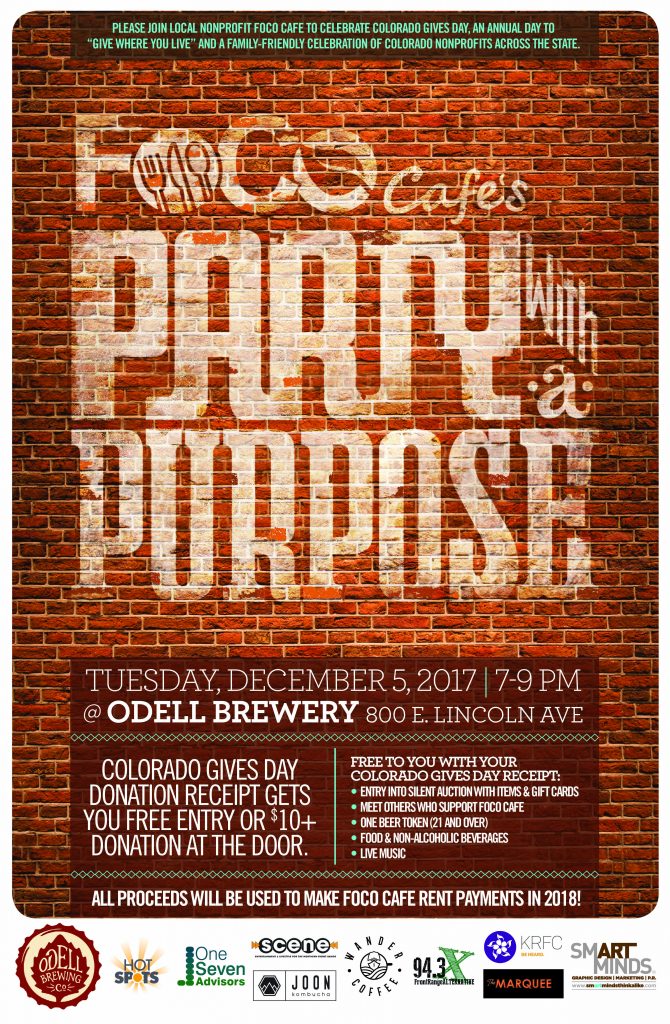 party with a purpose foco cafe odell brewing coodell brewing co party with a purpose flyer