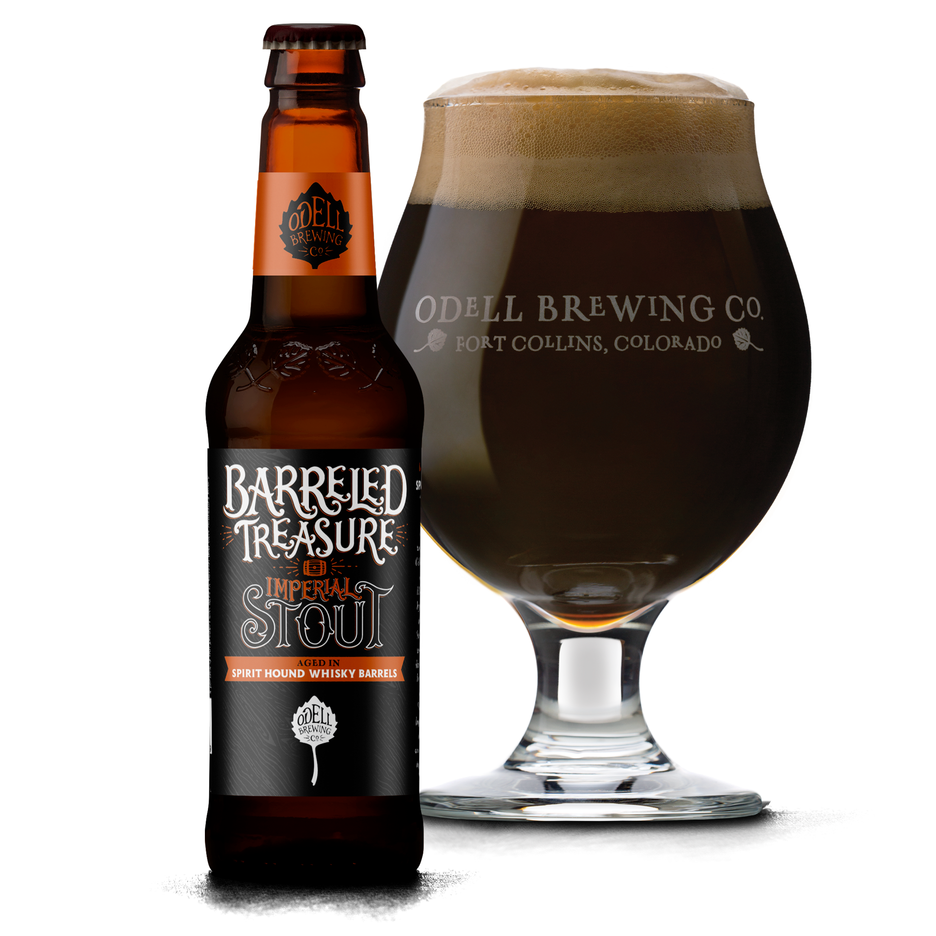 Odell Brewing Barrel Treasure Imperial Stout Aged in Spirit Hound Whisky Barrels Bottle and Pour